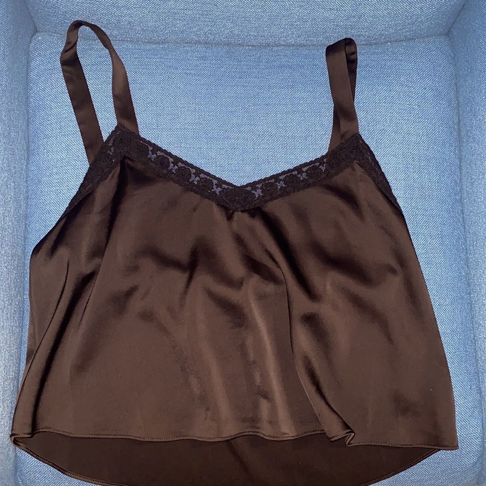 Black Satin crop tank with lace trim